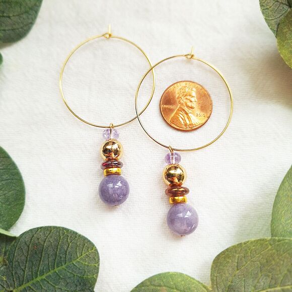 Purple Angelite Stone Hoops, Mid Century Modern Gold Hoops, Statement Earrings - Picture 2 of 10